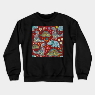 Vintage floral fabric dinosaurs with daisies on red background Crewneck Sweatshirt